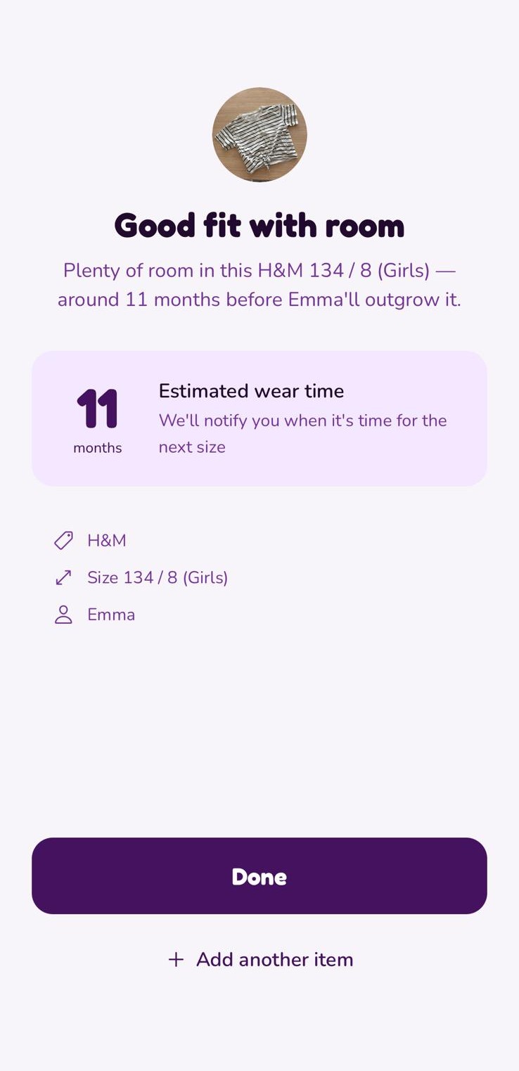 Outgrow Longevity Calculator - Shows estimated wear time for clothing